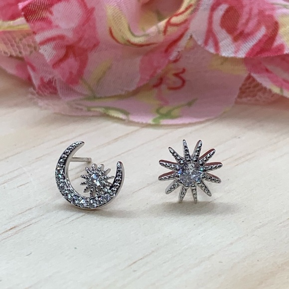 Sterling Silver Star Moon Stud Earrings - Picture 2 of 3